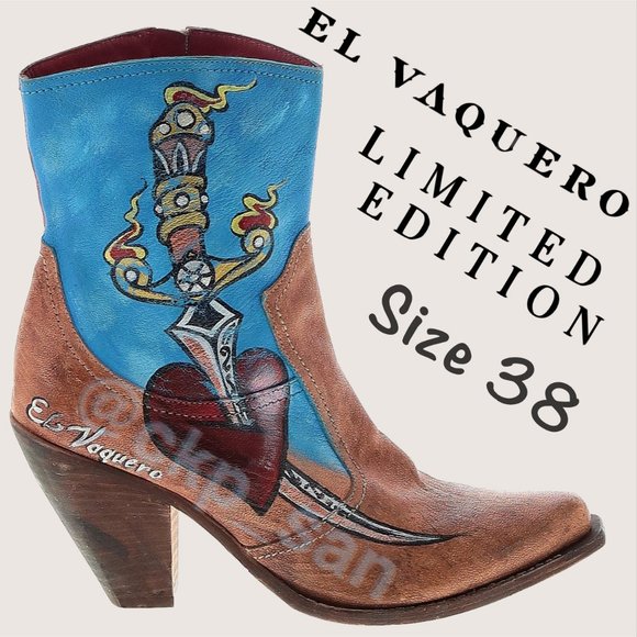 Super Rare El Vaquero Limited Edition Painted Tattoo Ankle Boots Sz 38 - Picture 1 of 15